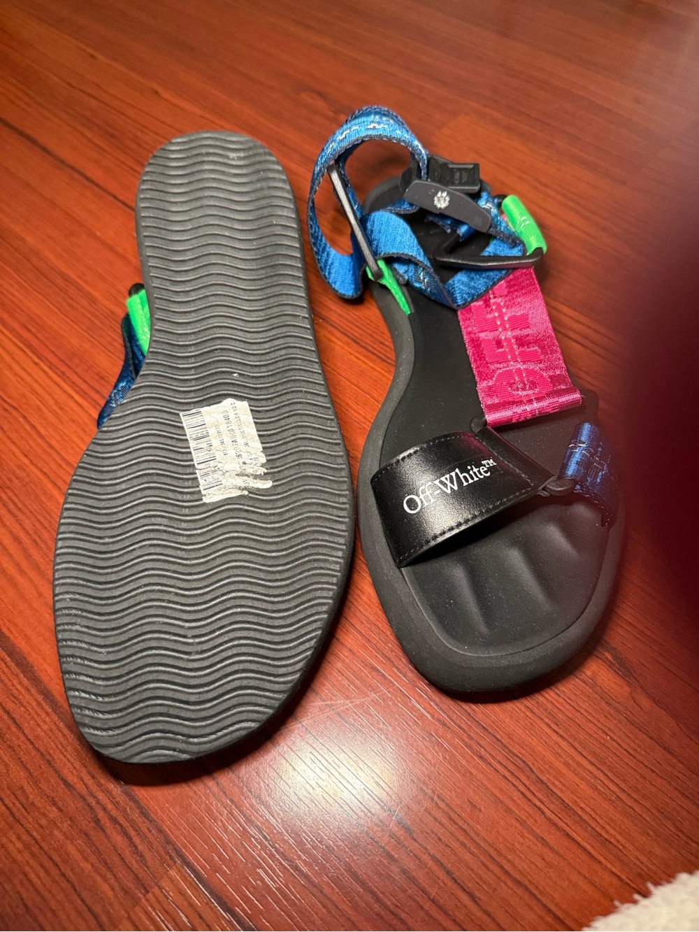 Off-White women Black Footbed Blue and Pink Strap Sandals with Green Accents - Picture 2 of 3